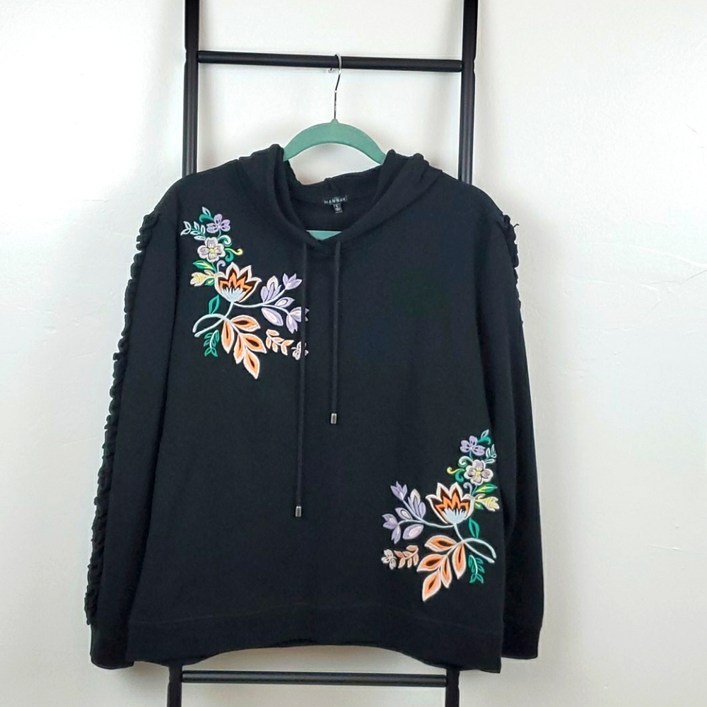 Hannah sweatshirt hoodie embroidered ruffles black long sleeve women size L